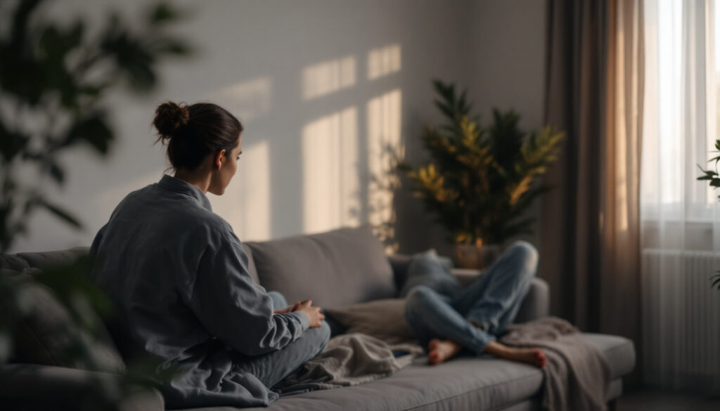 mujer sentada en una cama en una habitacion con luz suave y decoracion minimalista