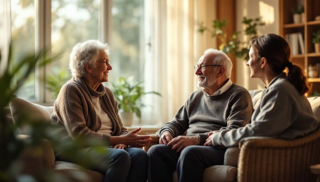 ancianos conversando en salon iluminado con ventanas