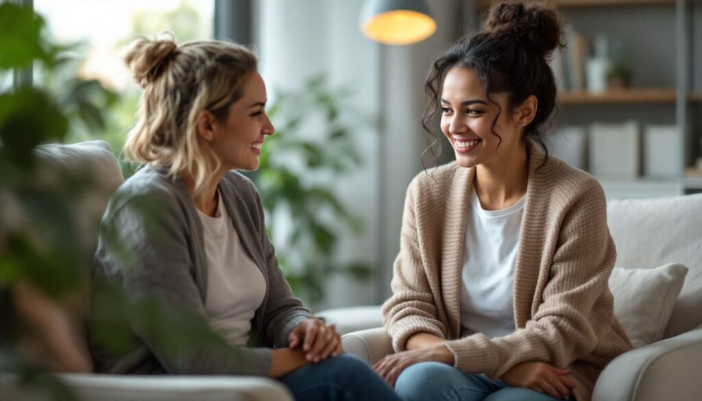 dos mujeres conversando en sofa en ambiente acogedor