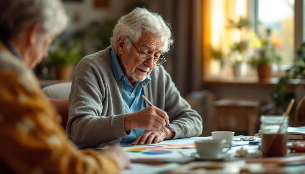 hombre mayor escribiendo en mesa con taza de te