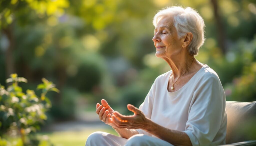 mujer mayor sentada al aire libre haciendo meditacion