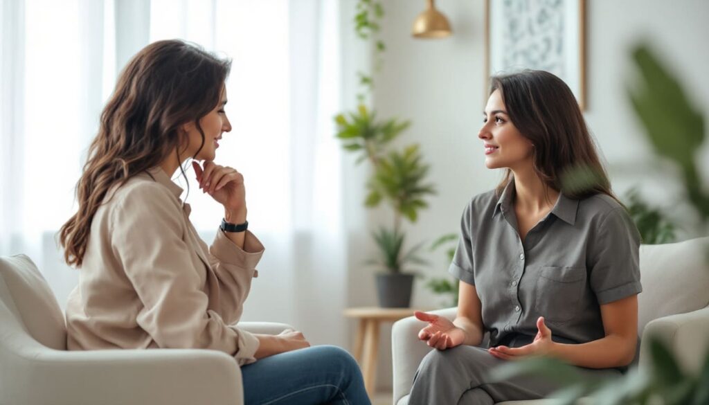 mujeres hablando en sofas con plantas decorativas