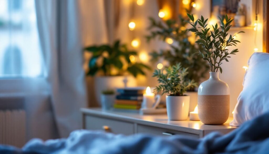habitacion con luz suave y plantas decorativas en mesa de noche en ambiente tranquilo