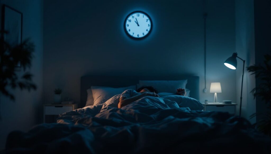 habitacion oscura con reloj de pared y persona durmiendo en cama bajo manta de noche