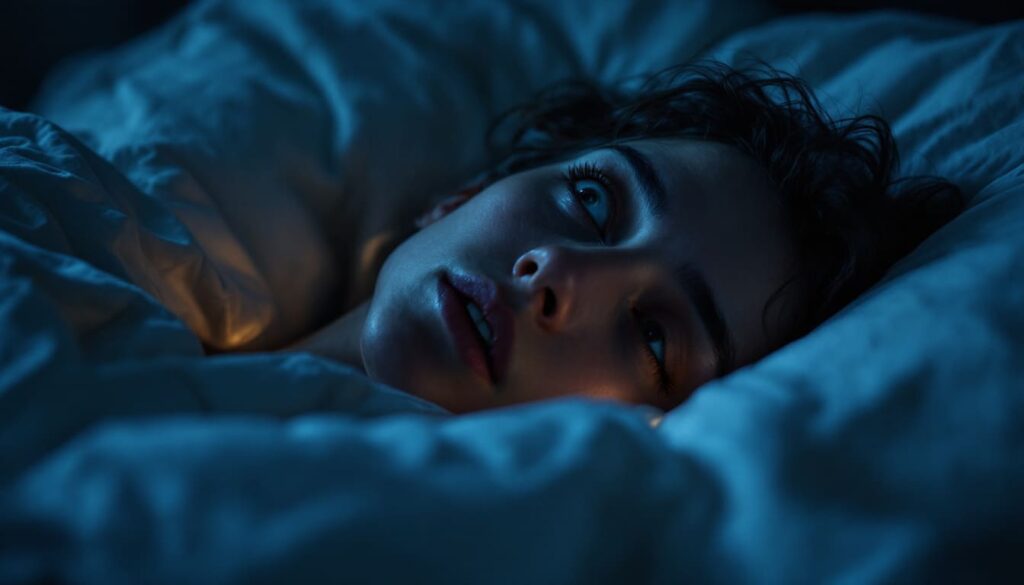mujer con insomnio acostada en cama mirando hacia arriba con luz azul nocturna