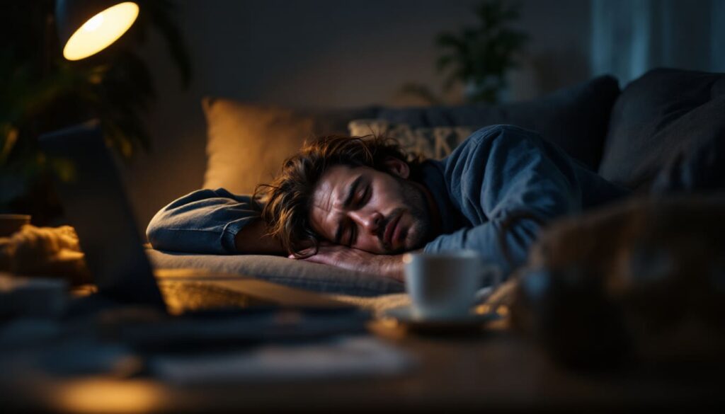 mujer durmiendo profundamente en sofa con taza sobre mesa en ambiente de relajacion