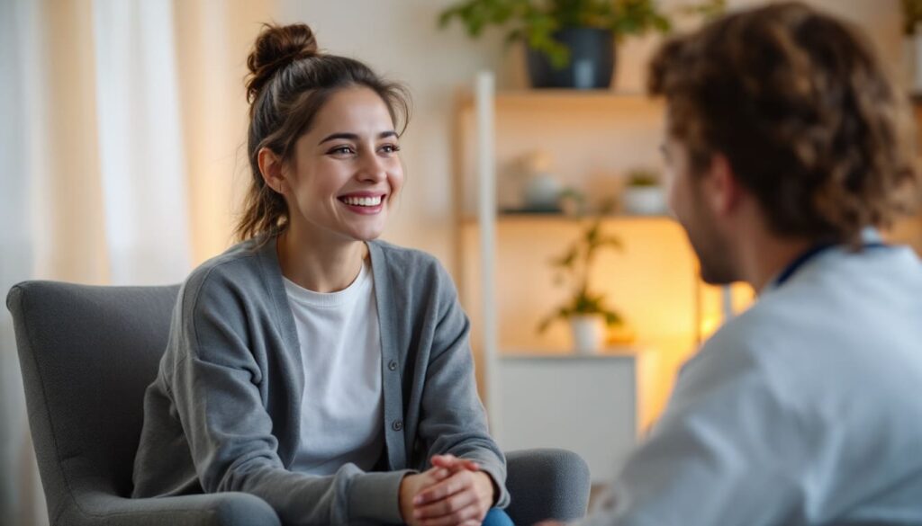 sesion de terapia o consulta conversacional en entorno acogedor con luz calida