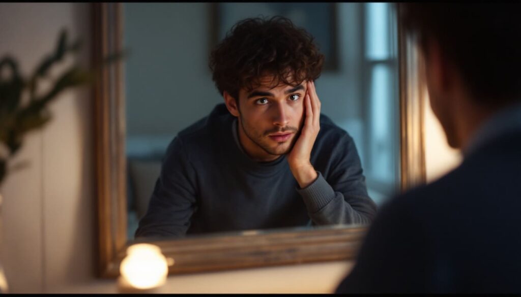 hombre mirando espejo con preocupacion cara ansiedad