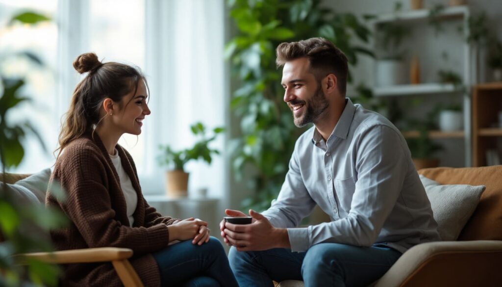 pareja en terapia sonriendo sentados en sofa consulta psicologica