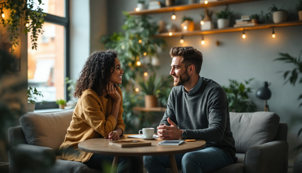 pareja hablando en una cafeteria-min